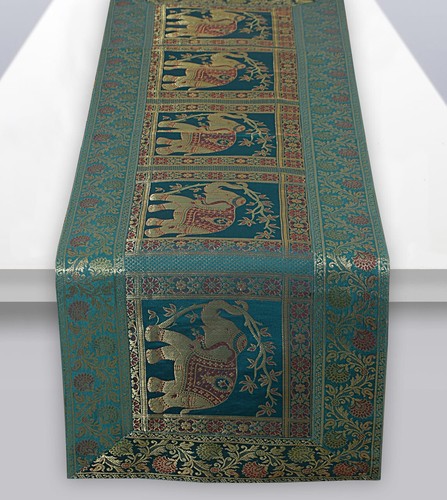Green & Golden Elephant Silk Table Runner Indian Ethnic Floral Design Home Decor