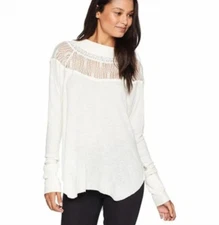 NWT S Free People Spring Valley Ivory Waffle Knit Lace Neck Long Sleeve Top