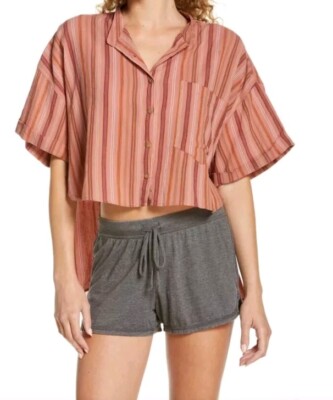 Free People Sunday Morning Short Sleeve Sleep Shirt IN BLUES Sz S Striped NEW #C