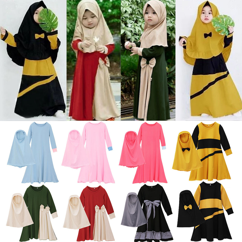 FYMNSI Due Pezzi Abiti Musulmani per Ragazze Bambini Vestito da Preghiera Hijab con Gonna Set Medio Oriente Arabo Dubai Preghiera Abbigliamento, verde, 11-12 anni