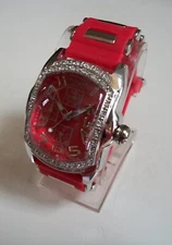 MEN'S STONE RED & SILVER FINISH SILICONE BAND FASHION DRESSY HIP HOP WATCH