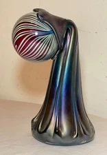 Rare Hand blown aurene iridescent rainbow glass vase holding sphere sculpture