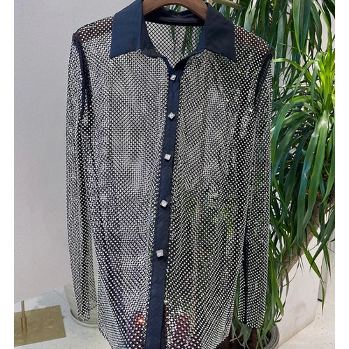 Lady Rhinestone Crystal Shirt Party Blouse Net Sheer Shiny Glitter Club Wear - Picture 9 of 16