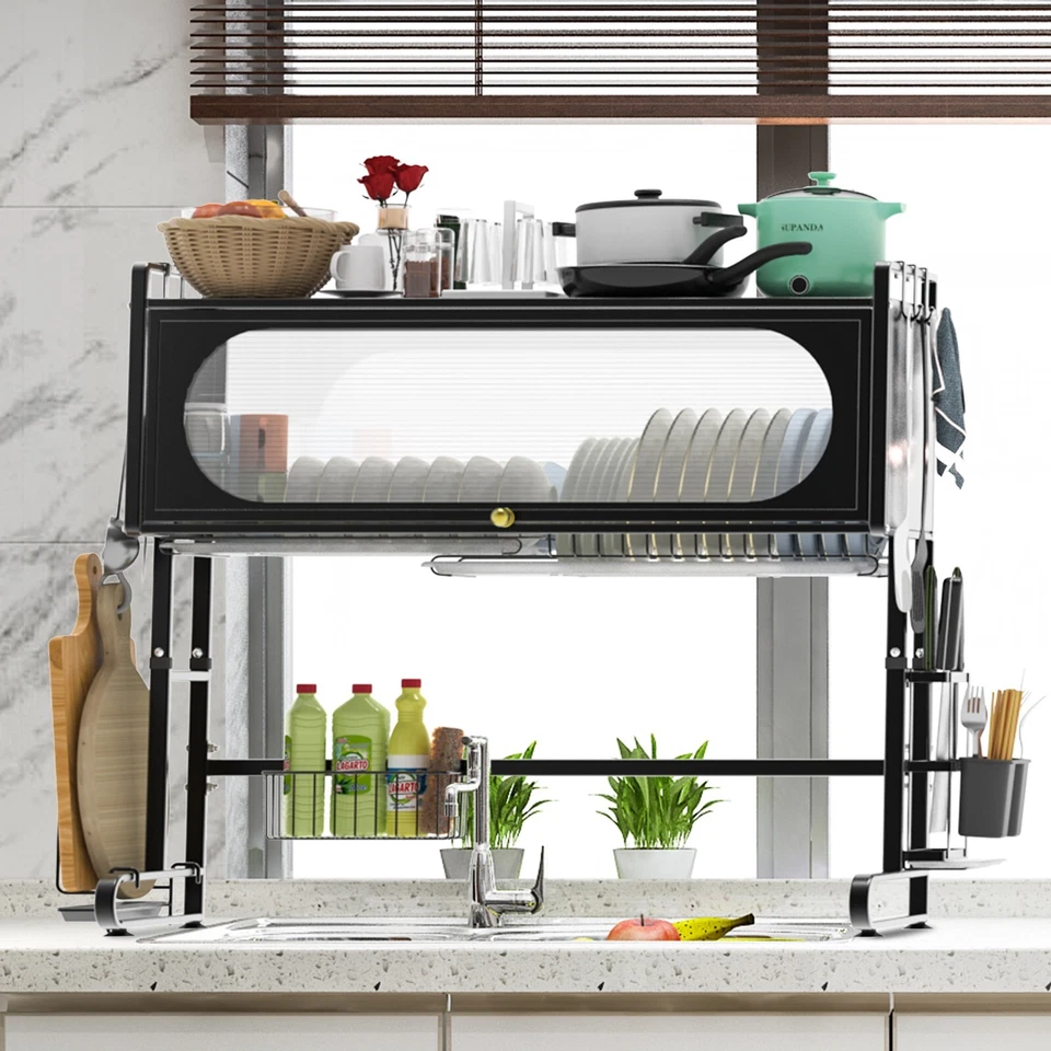 Estante de secado de platos grande de 3 niveles de metal para cocina con tapa Foto 2 de 4