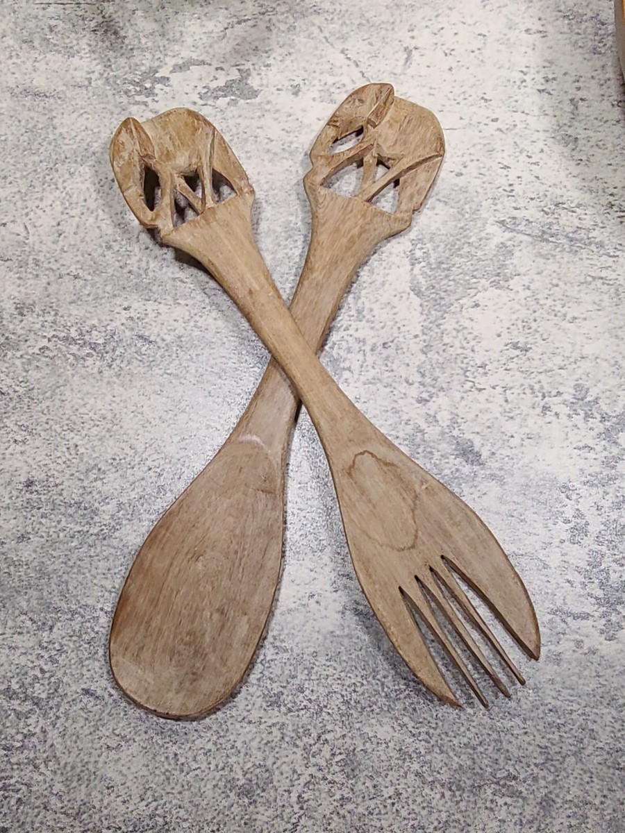 Vintage Hand-Carved in Kenya Wooden Elephant Salad Spoon and Fork