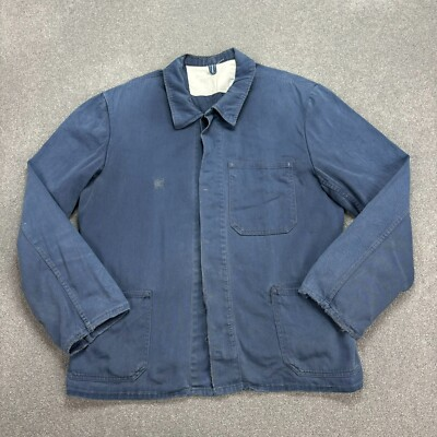 #ad #ad VINTAGE French Jacket Adult Large Blue Sanfor Workwear Chore Repaired Mens GBP 58.99