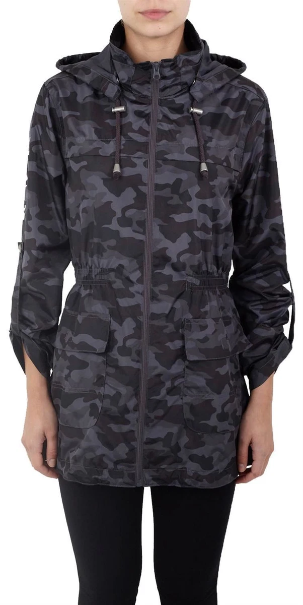 New Womens Destiny Camo Print Slogan Back Hooded Mac Showerproof