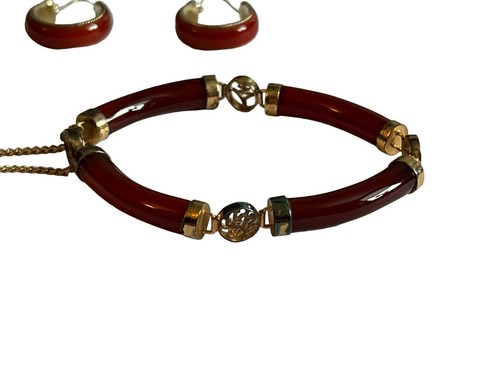 Set Of 3 Womens Asian Inspired Carnelian Earrings, Bracelet And Brooch Pin - Picture 2 of 11