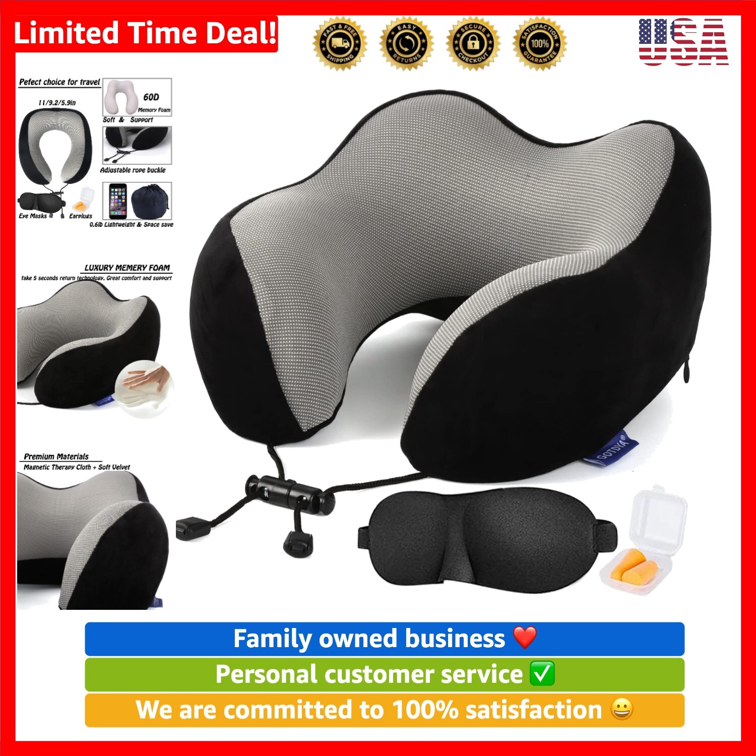 Ultra-Soft 100% Memory Foam Travel Neck Pillow for Sleeping-image