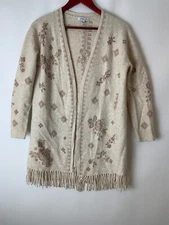 Johnny Was Joann Cardigan Duster Wool Cashmere Cream Beige L Boho Fringe $498