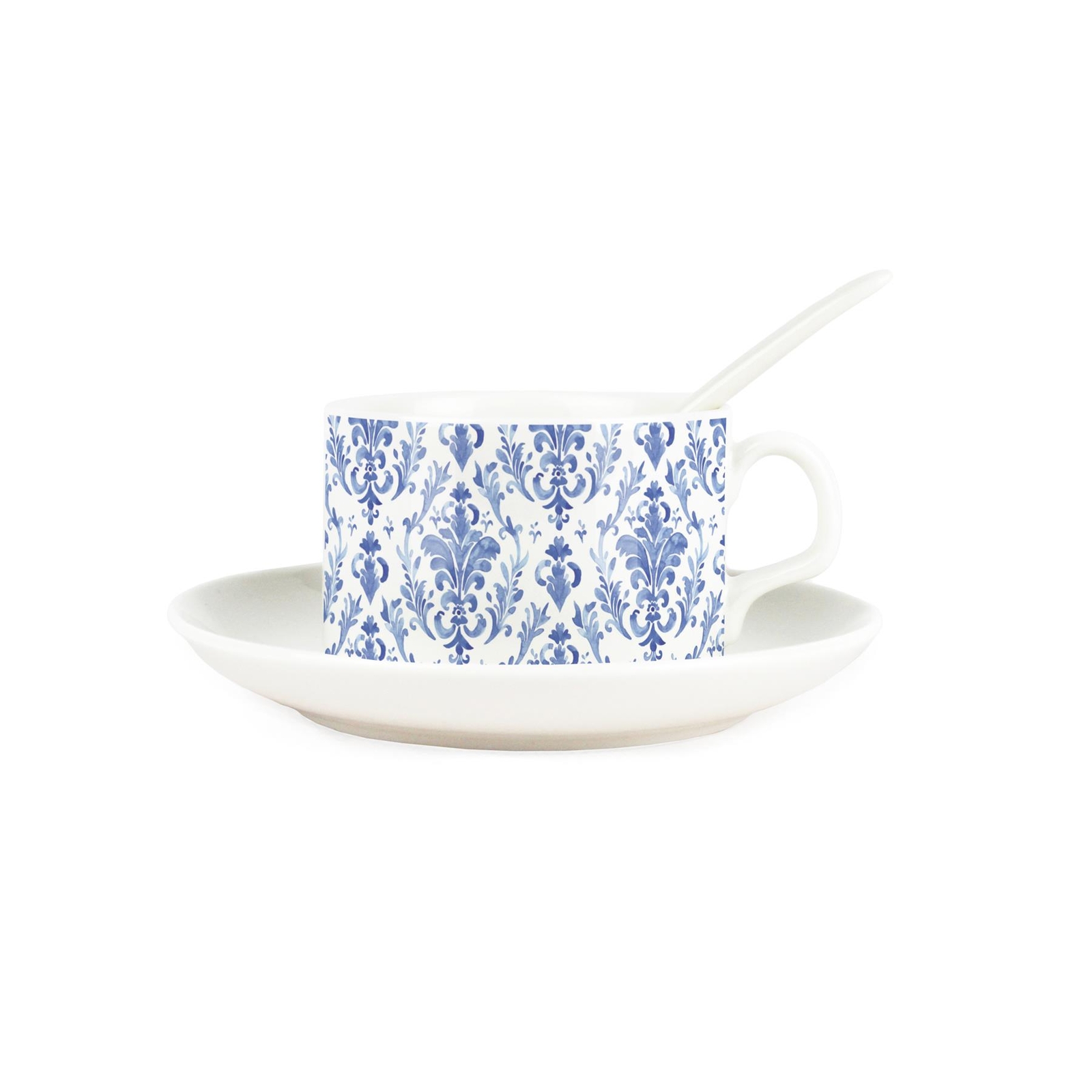 Oriental Blue Ink Cup & Saucer Set with Spoon - Porcelain Patterned Gift Mug