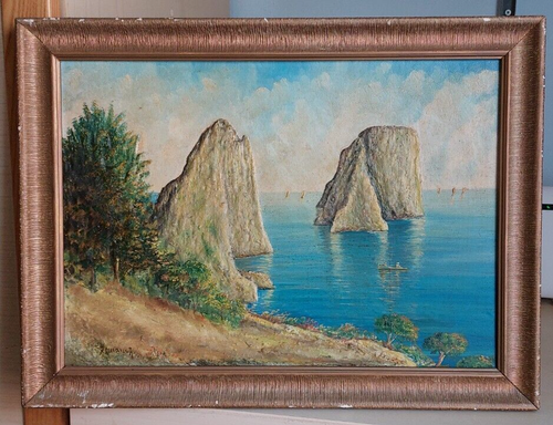 Vecchio dipinto olio di R.Romano Faraglioni Capresi.