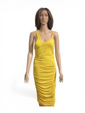 Yellow Ruched Sleeveless Bodycon Midi Dress Scoop Neck Knit for Women