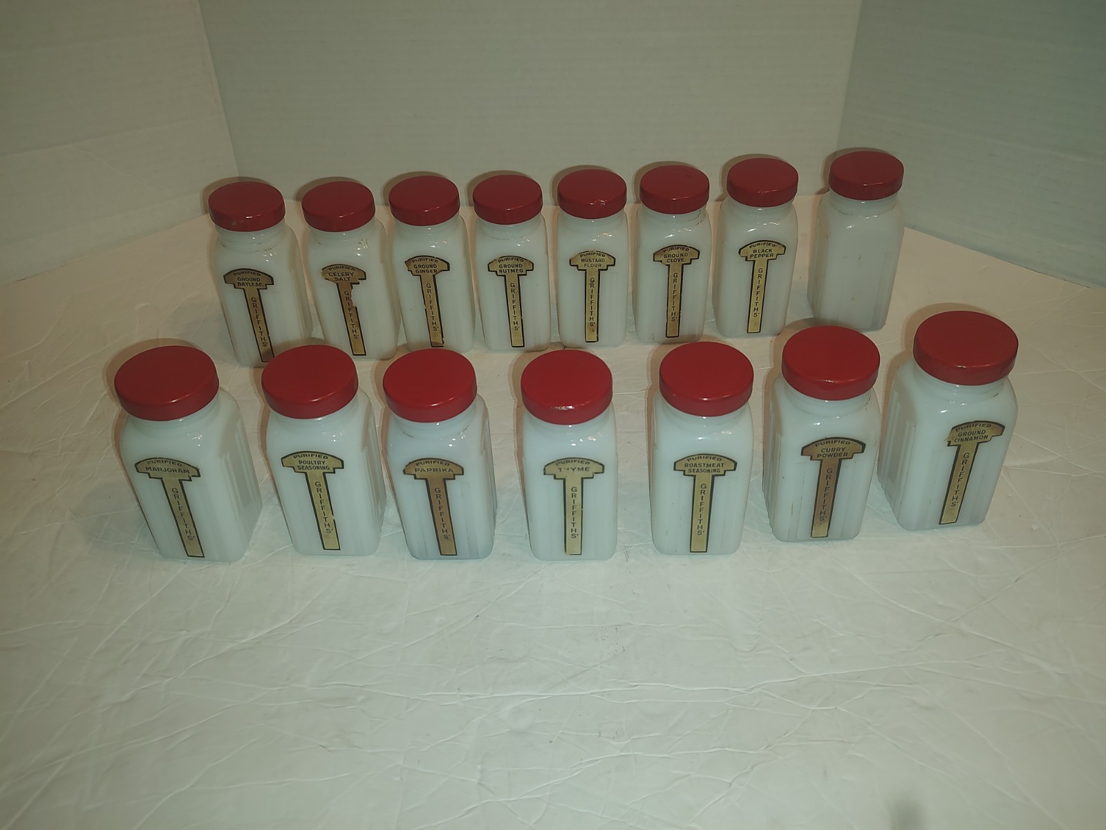 Vintage Griffith Milk Glass Spice Jar Set - 15 Jars with Red Lids & Labels