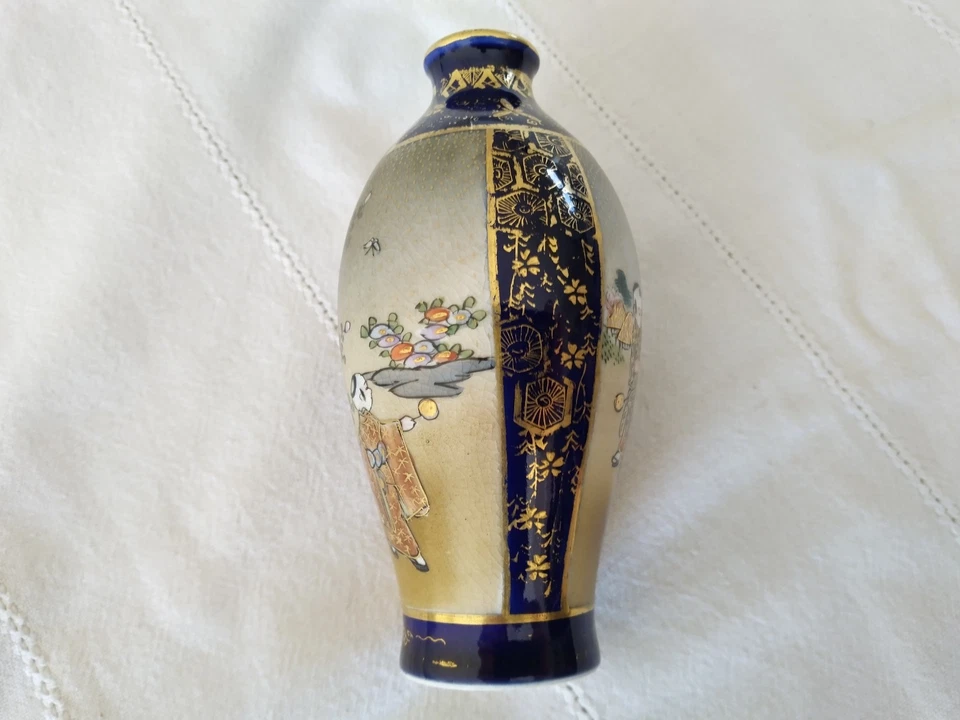 ANCIEN VASE CÉRAMIQUE JAPONAISE SATSUMA MEIJI BLEU COBALT signé - Photo 4/4