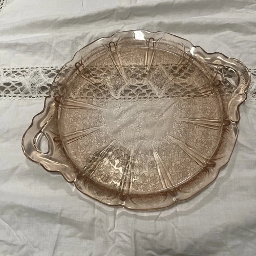 Vintage Pink Depression Glass Handled Tray Cake Plate 10.25 Inches