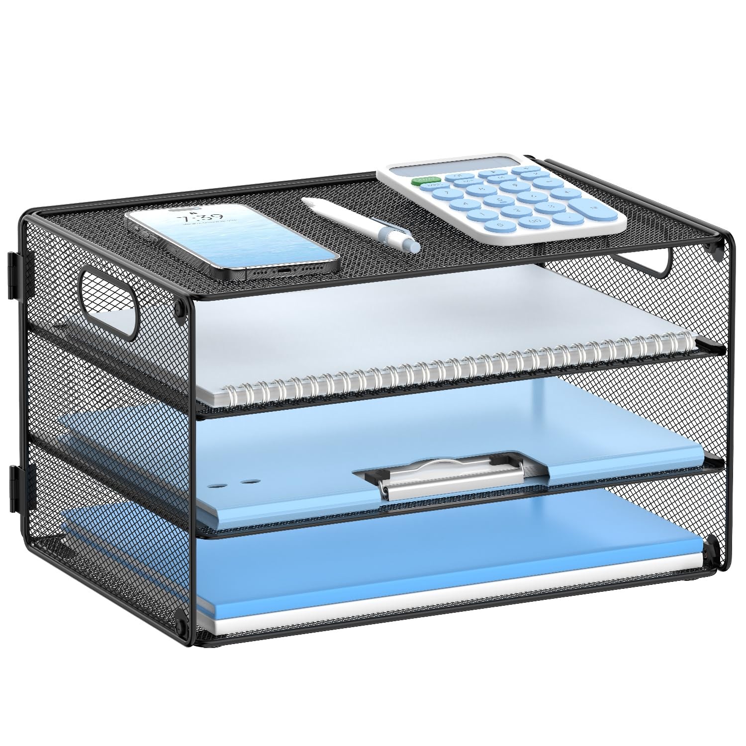 3-Tier Mesh Desk Letter Tray Organizer with Handle for Paper Files-image