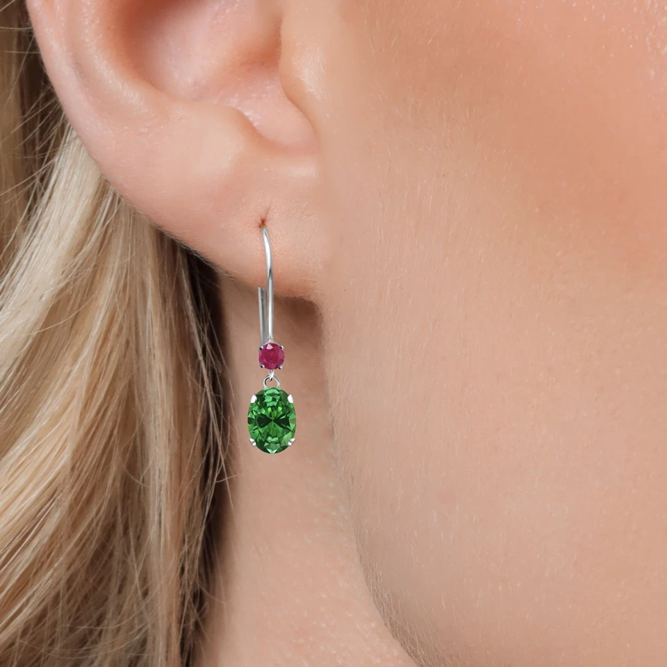 14K White Gold Simulated Emerald and Ruby French Wire Dangle Earrings For Women - Image 3 of 4