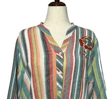 CJ Banks Top Womens 3X Blue Red Striped LInen Rayon Embroidered Colorful Rainbow