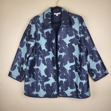 Chico's Jacquard Beaded Jacket Women's XL 3 Blue Floral 3/4 Sleeve Open Front