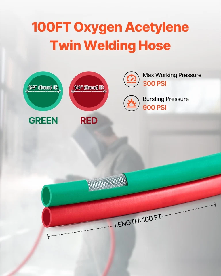 Manguera de oxígeno acetileno, manguera de oxiacetileno de 1/4 pulgadas x 100 pies con montaje B de 9/16"-18, 300 Foto 2 de 4