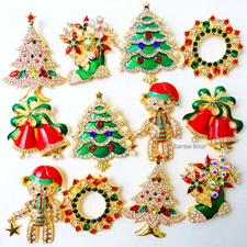 12 Christmas pins Brooch Lot Santa Christmas Tree Rhinestone Holiday Party New