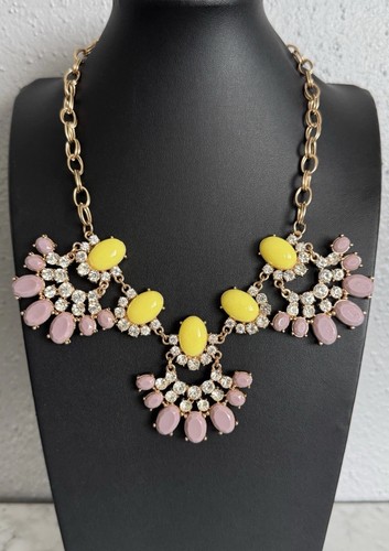 Clear & Yellow Crystal Rhinestone Chunky Bib Gold Tone Statement Necklace 16"