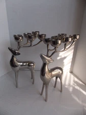 Pair Of Silver Tone Metal Reindeer Candelabra 6 Point Candle Holder Pottery Barn