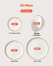 New Dinnerware Set, Service New 8 (32 PCS), Round Plates and Bowls Sets, Scratc