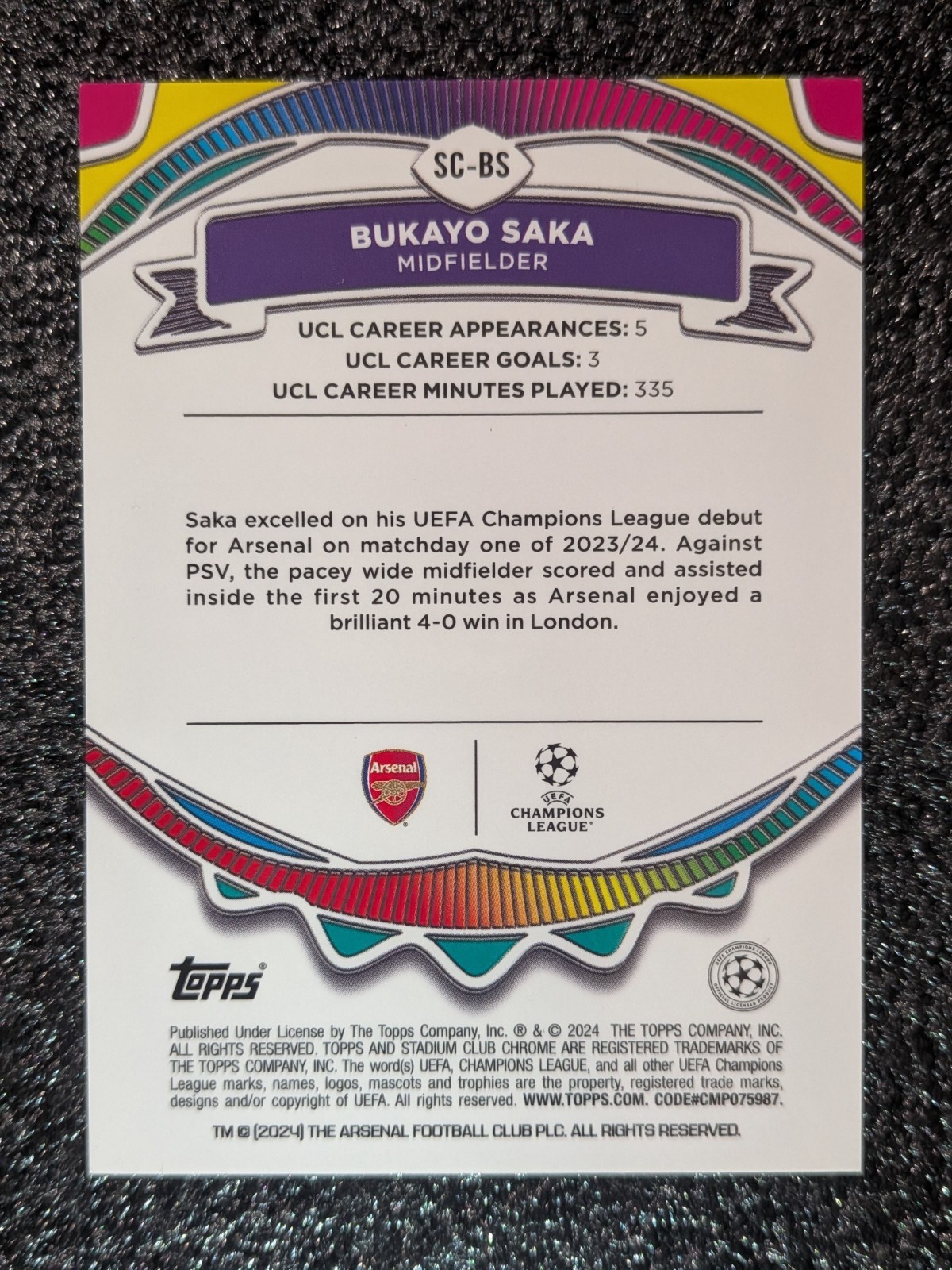 2024 TOPPS STADIUM CLUB CHROME BUKAYO SAKA GOLD /50 ARSENAL Say cheese view 2