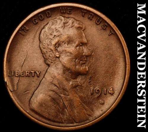 1914-S Lincoln Wheat Cent-VF+/XF Semi Key Better Date Obv Planchet Flaw #i3814