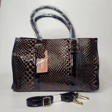 NWT Madi Claire Brown Leather Mock Croc Double Handled Handbag Bag With Strap