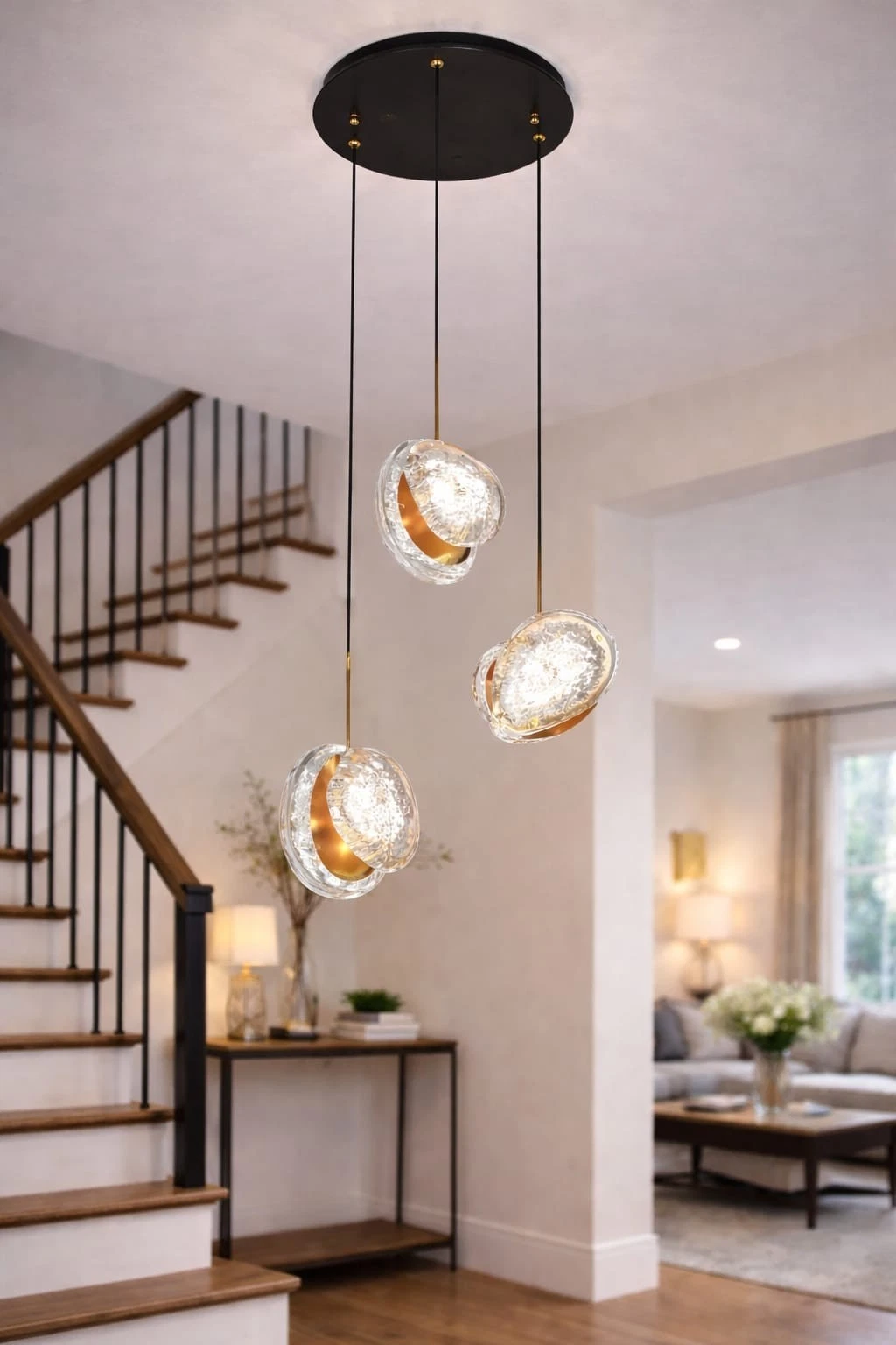 Luxury 3-Drop Crystal LED Pendant Chandelier Black & Gold Modern Ceiling Light - Picture 2 of 2