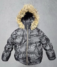 Appaman Girls Black Camo Shiny Fur Trimmed Hooded Zipped Puffer Coat Size 6 EUC