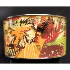 Chunky Wide Boho Fall Colored Leaves Patten Clamper Bangle Bracelet Gold Tone