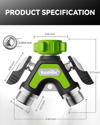 RAINPOINT 2 Way Metal Hose Splitter Long Handle 3/4 Inch for Spigot Green