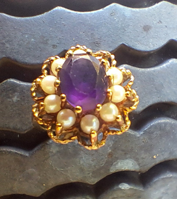 14k Yellow Gold, Pearl & Amethyst Purple Stone Ring 1 Pearl Missing Size 5 $1 NR