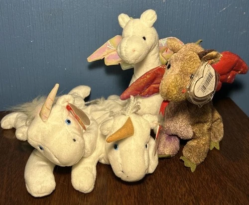 VINTAGE BEANIE BABY LOT OF 4 - Unicorns And Dragons - Ty Tags 90s Fantasy Plush