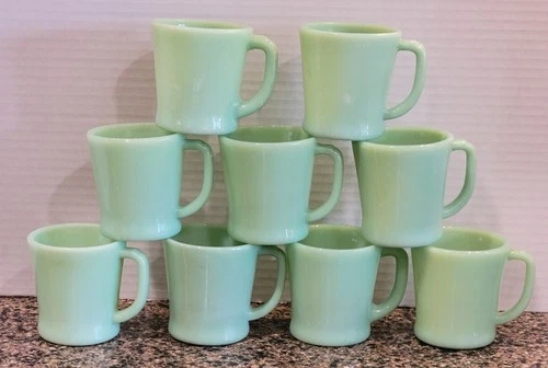 Set Lot (9) Vintage Fire King Jadeite D Handle Oven Ware Coffee Mugs 8 oz Green