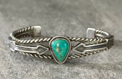 Old Vintage Native American Navajo Turquoise ARROWS Sterling TWISTED Bracelet - Image 1 of 4