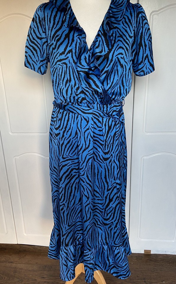 Dress Size 14 Blue Black Zebra Print Faux Wrap Top Party Smart Career