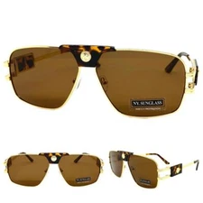 Classic Retro Hip Hop Rapper Brown Lens SUNGLASSES Big Gold Frame For Wide Heads