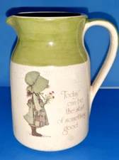Vintage Holly Hobbie Green Girl Stoneware Pitcher Vase 1978 Cream Jug Pitcher 6"