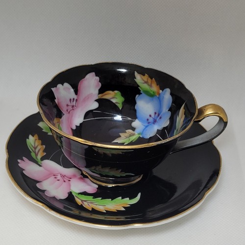 Chugai China Black with Pink and Blue Peonies Tea Cup and Saucer, Japan - Picture 10 of 10