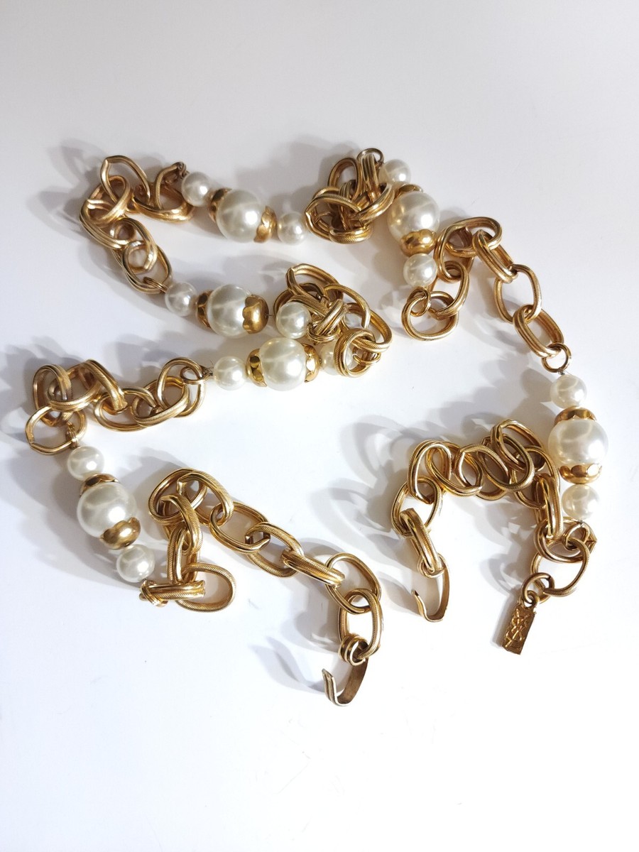 YSL Yves Saint Laurent Gold Tone Faux Pearl Chain Link Belt