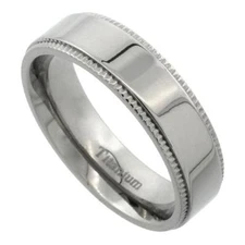 6mm Titanium Flat Milgrain Wedding Band Ring, Highly Polished Comfort Fit