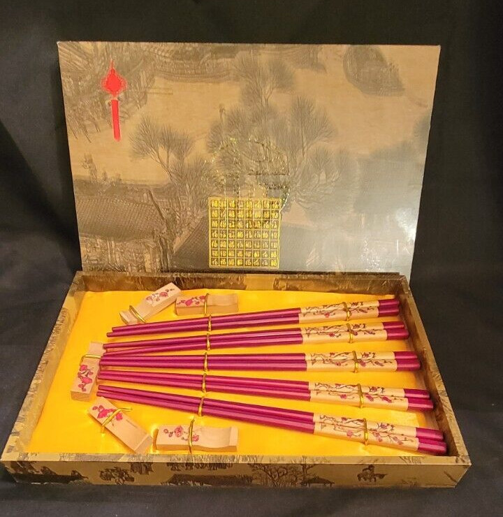 Box Set of (5pr) Wooden Chopsticks and (5) Rests  in Decorated Wooden Box
