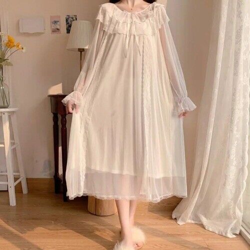 Abito donna Lolita principessa pigiama bianco pizzo rete fata camicia da notte vittoriana - Foto 3 di 19