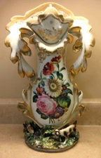 LARGE 16.25" TALL  OLD PARIS FRENCH FLORAL HAND PAINTED VASE BEAUTY AS RESTORED