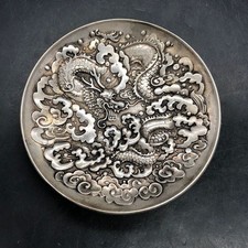 Old Chinese Tibet Silver Exquisite Handcarved Dragon Plate Diameter:104mm